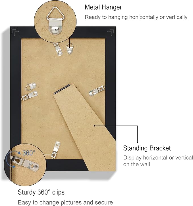 5.5x8.5 Picture Frame Set of 4, Made of Real Glass and Black Frame, 5.5 by 8.5 Photo for Wall or Tabletop
