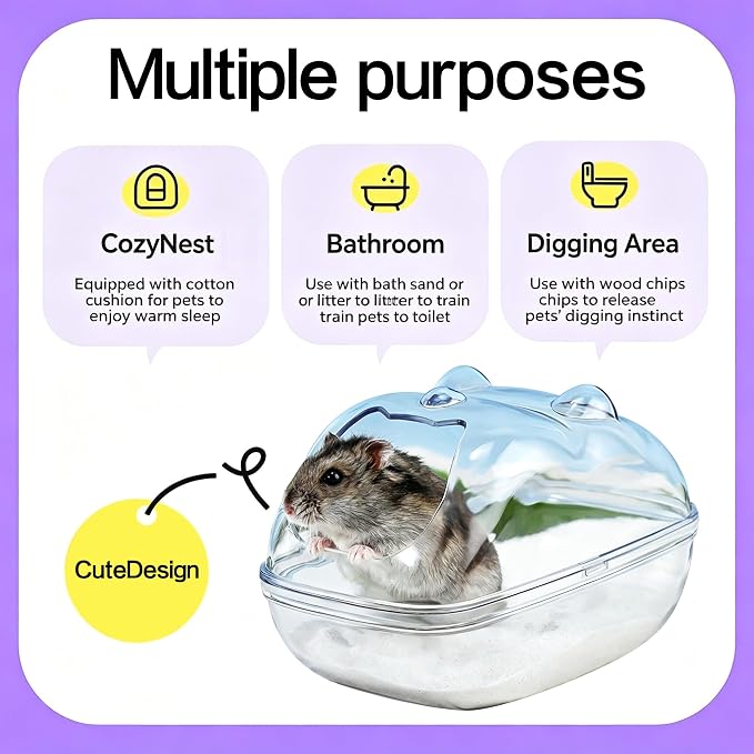 Hamster Bathtub,Sand Bath Container,Mouse dig Box,Splash Proof Hamsters Sand Box Bathroom,Transparent House sandbath for Hamsters,Hamster Toilet Small Animal Habitat Décor(M 5.7 * 4 * 4inches)