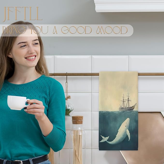 Vintage Nautical Kitchen Towels, Whale Gifts Hand Towel, Whale Decorative Towel, Coastal Nautical Decorative Dish Tea Towels for Kitchen, Hand Towel for Bathroom, 16x24 Inch（Upgraded Fabric）