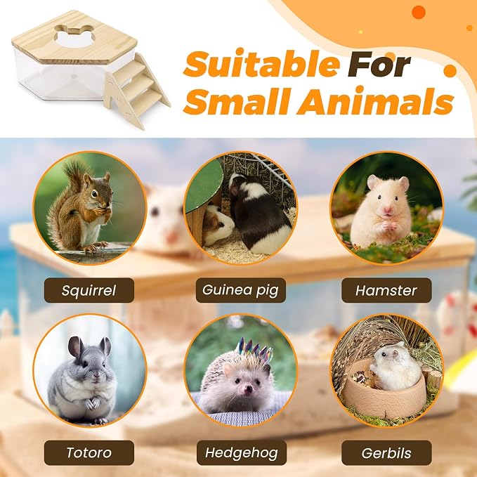 ASTIMESA Plastic Hamster Sand Bath Container with Ladder, Clear Hamster Litter Box Tub Wood Cover for Chinchilla Pet Gerbil Guinea Pig Digging Small Animal House Pentagon