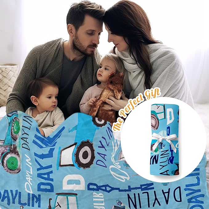 Personalized Tractors Blanket - Custom Name with Farm Tractor Trucks Design - Soft Plush Flannel Bed Blanket for Baby Kid Teen Boys Girls Customized Gifts Light Blue