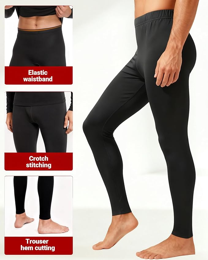 1 or 3 Pack Mens Long Johns Thermal Pants, Fleece Lined Lightweight Base Layer Bottoms, Compression Leggings Winter Gear
