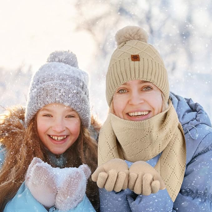 YARIEW Winter Hat Scarf and Gloves Set for Women, Warm Knitted Beanie with Pom Pom, Soft Ear Warmer Scarf, Warm Gloves