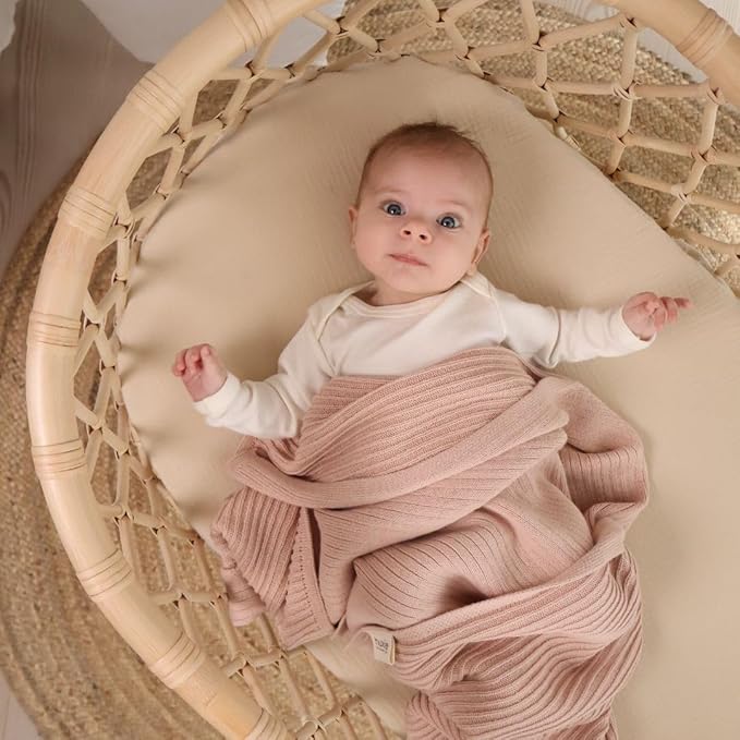 Knitted Organic Cotton Baby Blanket- Swaddle Blanket, 30" x 40" Soft Receiving Blanket for Newborn (Ribbed-Blush)