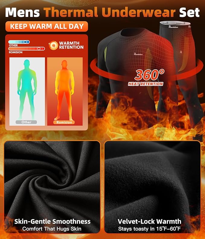 romision 2 Pack Thermal Underwear for Men Long Johns Fleece Lined Hunting Gear Bottom Top Set Base Layer Cold Weather XS-4XL
