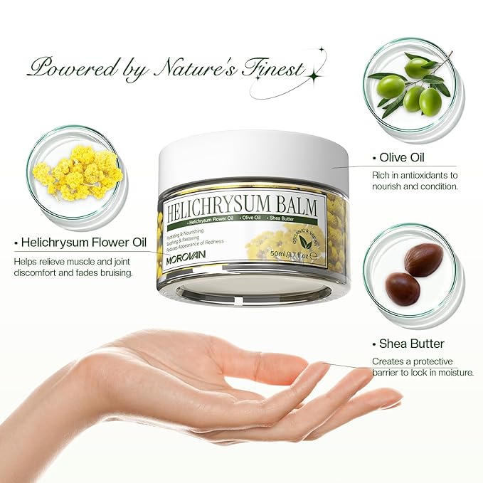 Morovan Helichrysum Balm 1.7 oz: Multi-Purpose Skin Cream for Bruises, Veins, Burns & Redness from Activity & Aging, Promotes Healing & Circulation for Men & Women