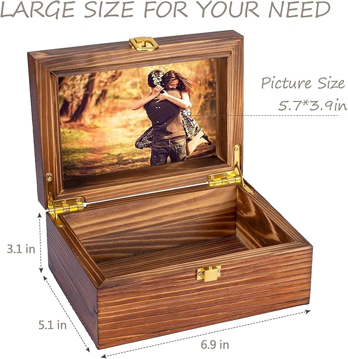 Small Wooden Memory Keepsake Boxes With Hinged Lids and a photo frame inside the lid - Decorative Storage Box With a Hinge Lids For Picture Letter Time Capsule - Wooden Gift Boxes，3.1“*5.1”*7.1“ Carbo