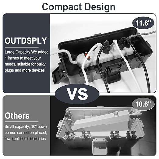 Medium Outdoor Electrical Box (11.6x5.2x4.1 inch), IP54 Waterproof Extension Cord Cover w/ 6 Cable Entry, Weatherproof Connection Box for Power Strip, Plug, Timer, Holiday Lights, Gray