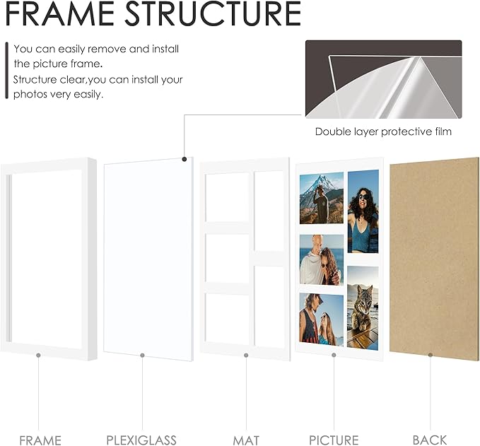 11x14 Collage Picture Frame, 4x6 Collage Picture Frame, Displays Five 4x6 inch Photos, or 11x14 (Without Mat) Wall Decor Wall Hanging or Tabletop, White.
