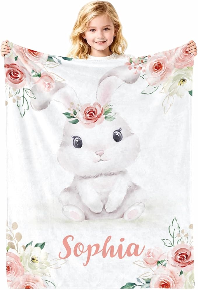 Personalized Baby Blanket with Name, Customized Soft Animals Flannel Blankets for Newborn Boys Girls and Toddlers, for New Mom, Infant Birthday Gift, Rabbit-2