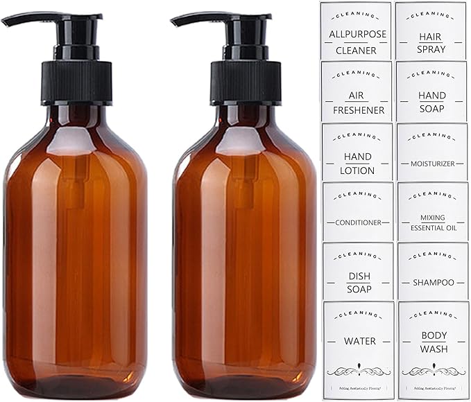 2 Pack Amber Plastic Soap Dispenser, 16 oz Bathroom Pump Bottles Dispenser Refillable Containers with Labels for Lotion Shampoo Body Wash Hand Dish Soap