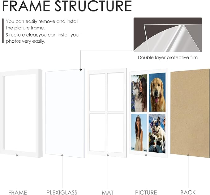 12x16 Picture Frame 5x7 Collage Picture Frame Displays Four 5x7 inch Photos or 12x16 (Without Mat) for Available Horizontal Wall Mounting Display and Vertical White