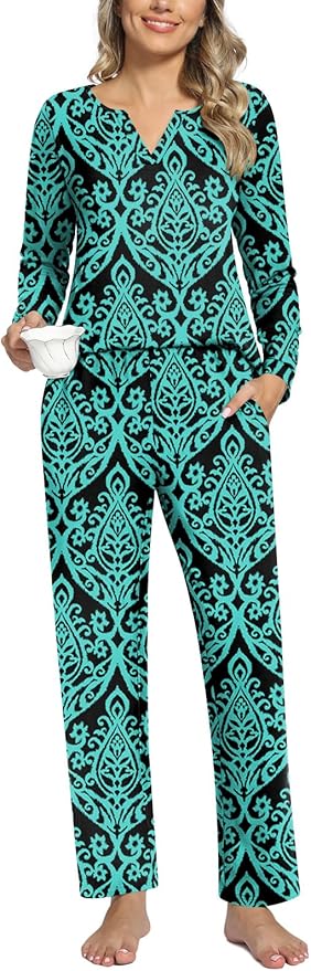 Anyally Women's Plus Size Pajama Sets Ladies Fall Pjs 2 Pieces Lounge Outfits V Neck Long Sleeves Sleepwear with Pockets