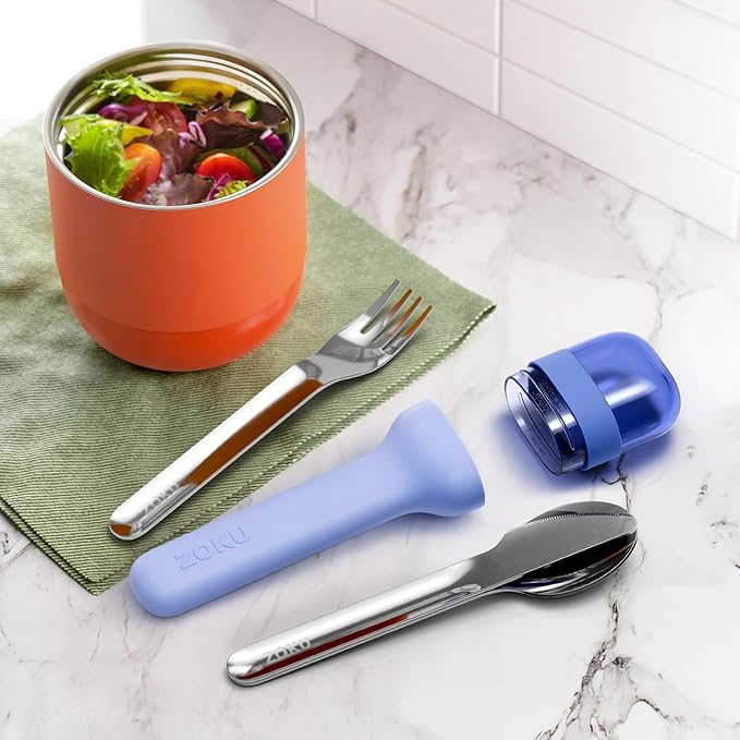 ZOKU Pocket Utensil Set, Blue - Stainless Steel Fork, Knife, and Spoon Nest in Case - Portable Design for Travel, School, Work, Picnics, Camping and Outdoor Home Use