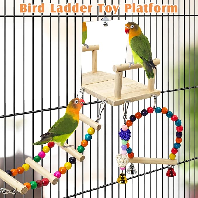 BNOSDM Bird Perch Platform with Mirror, Wooden Climbing Ladder for Parakeet, Small Bird Swing Toys with Hanging Chewing Balls Parrot Cage Accessories Budgie Playground for Cockatiel, Lovebird, Conure