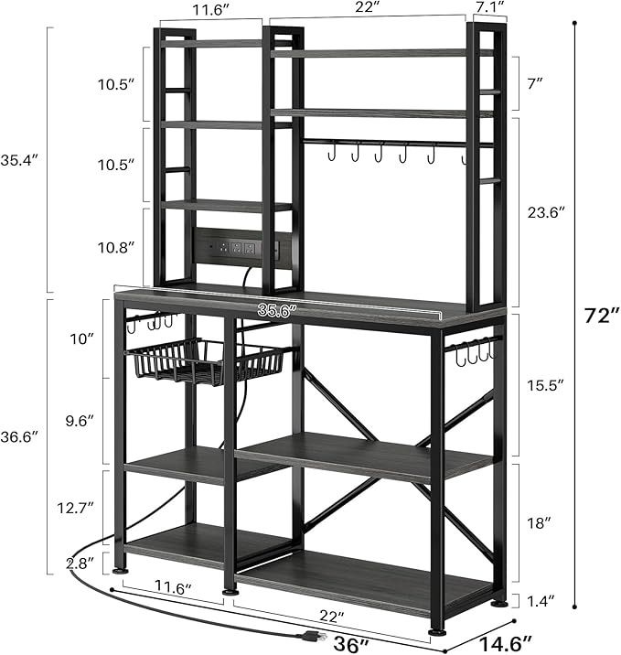 SNTD Baker Rack with Power Outlet - Microwave Stand with Storage, Large Coffee Bar Station with 14 Hooks, Metal Kitchen Shelf Rack for Spices, Pots (Rustic Grey)