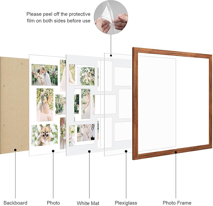17x17 Collage frame with 9 Openings 4X6 Pictures, Multiple Picture Frame with Mat, Wall or Tabletop Decor, Carbonized Brown Wood Grain,2 Pack