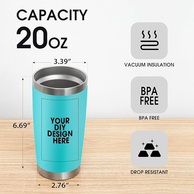 Personalized Custom Tumbler Print in USA 96 Pcs 20oz Stainless Steel Coffee Cup with Lid & Straw Double Wall Insulated Tumbler with Colorful Text Logo Photo