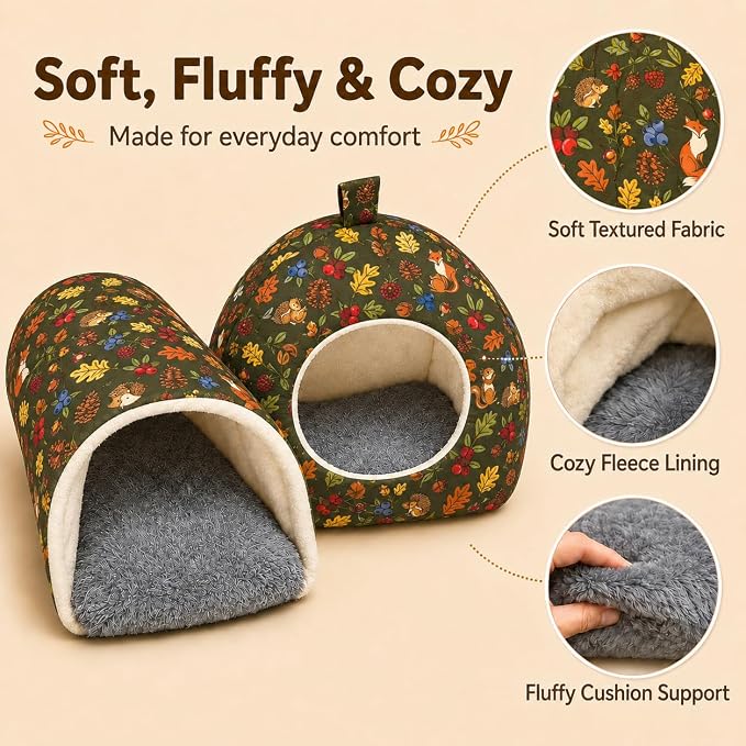 Hamster Hideout Tunnel Set, 2 Pack Washable Small Animal Bed with Removable Cushion, Cozy Play Tunnel Cage Accessories for Hamsters, Hedgehogs, Mice, Rats, Gerbils, Green Forest