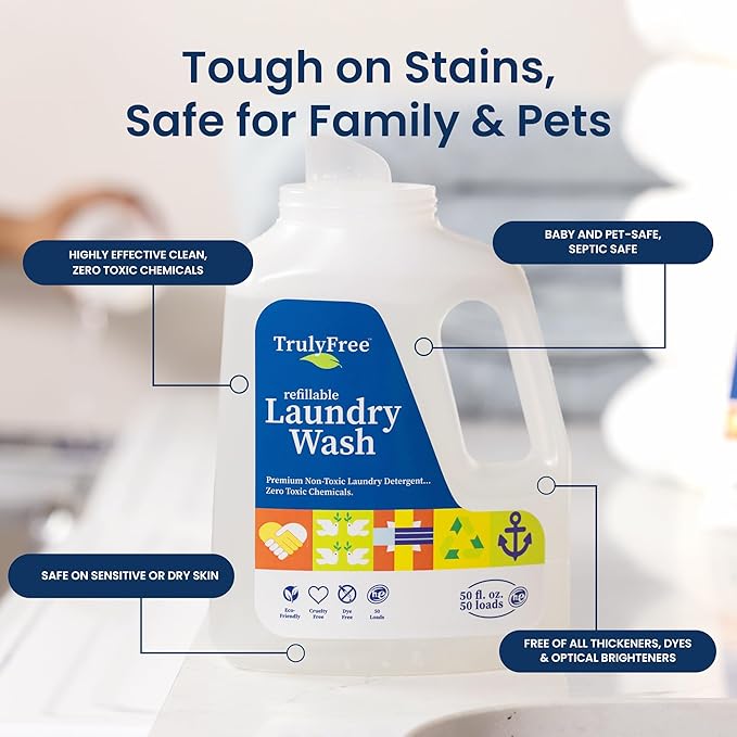 Truly Free Laundry Wash Detergent for Sensitive Skin | Gentle & Safe for Baby Clothes | Plant-Based, Natural Ingredients | Unscented | Refill Only (200 Loads)