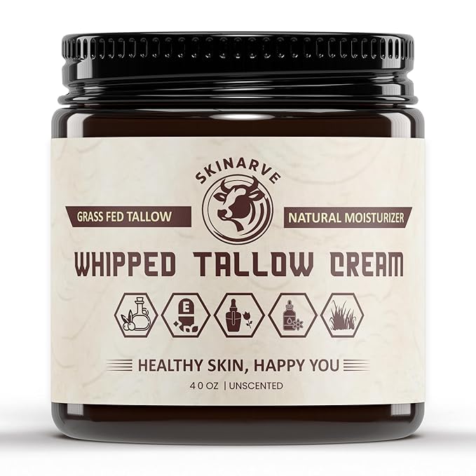 Beef Tallow for Skin 4oz Unscented, Organic Whipped beef Tallow and Honey Balm, 100% Grass Fed Beef Tallow Face Moisturizer For Dry Skin, Lip balm, Eczema Natural Tallow Moisturizer (Cream, Cream)
