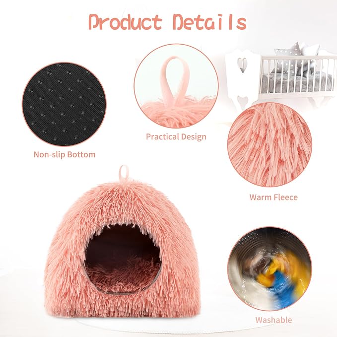 YUEPET Guinea Pig Bed Cave,Warm Bunny Hideout,Pink | Warm Guinea Pig House, Long Plush Fabric, Washable Removable Pad, Non-Slip Base, for Ferrets Hamsters Hedgehogs Dwarf Rabbits