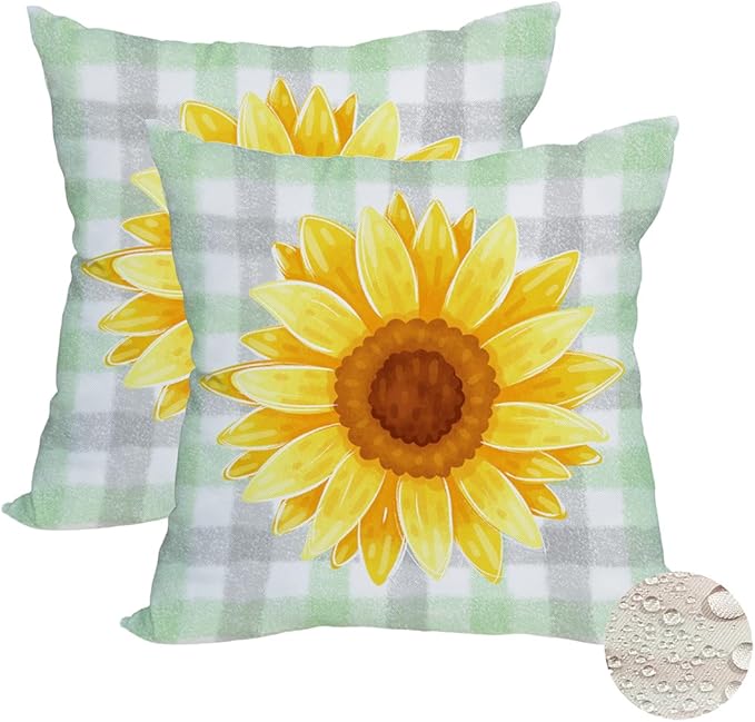 Fukeen 2 Pack Waterproof Sunflower Pillow Covers 22x22 Inch Green Buffalo Plaid Yellow Floral Throw Pillow Cases Spring Summer Holiday Farmhouse Decorations Double Sided Cushion Cover Outdoor