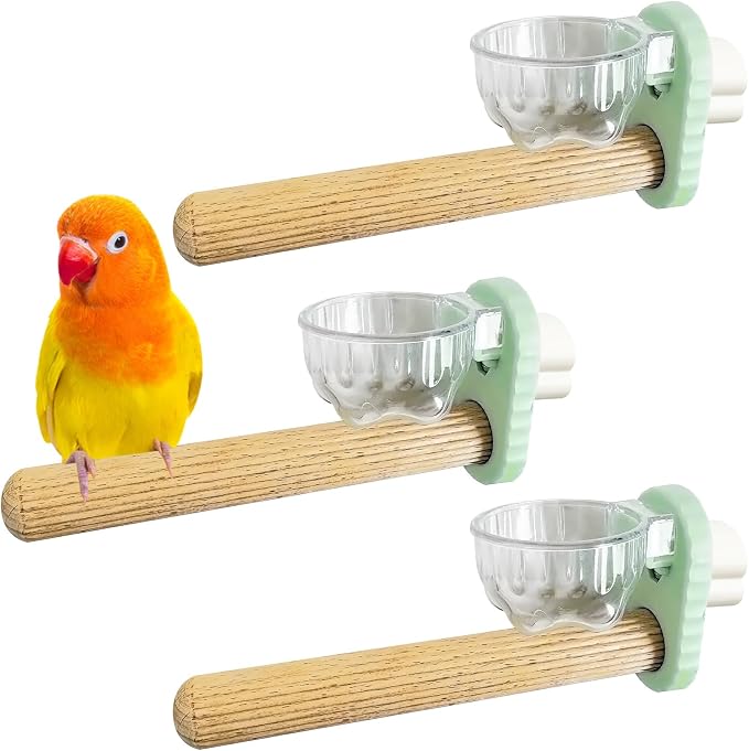 Kathson 3Pcs Bird Perch Feeding Cup Natural Wood Perches with Removable Bird Feeder for Cage Parrot Stand for Parakeets, Budgies, Cockatiels,Parrots, Birds Chewing Stick (Green)