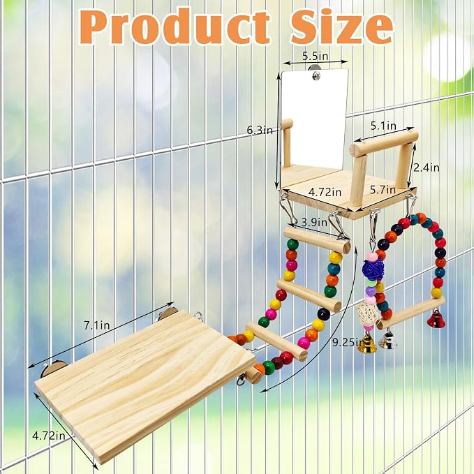 BNOSDM Bird Perch Platform with Mirror, Wooden Climbing Ladder for Parakeet, Small Bird Swing Toys with Hanging Chewing Balls Parrot Cage Accessories Budgie Playground for Cockatiel, Lovebird, Conure