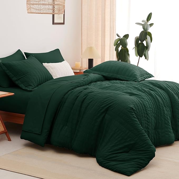 CozyLux Queen Comforter Set Emerald Green Seersucker 7 Pieces Bed in a Bag Queen Comforter Set with Sheets, Luxury Soft Bedding Set with Down Alternative Comforter, Sheets, Pillowcases & Shams
