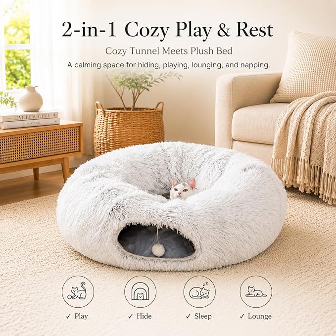 Warm Fluffy Plush Cat Dog Tunnel Bed Under Christmas Tree Big Tube Playground Toys 3 FT Diameter Longer Crinkle Collapsible 3 Way, for Indoor Cat Kitty Kitten Puppy Rabbit Ferret White