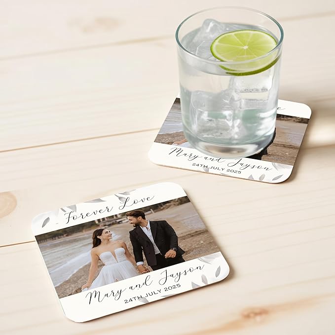 40 Pack Personalized Wedding Coasters, Custom Cardboard Coasters for Drinks with Photo Print and Text, Keepsake Wedding Favors and Gifts for Couples, 4x4 Square, Design 7