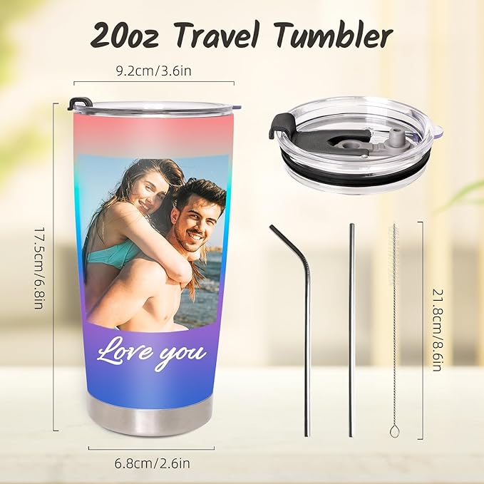 Personalized Tumbler with Picture Text Name, 20oz Stainless Steel Custom Mug Coffee Tumbler With Lid Straw, Birthday Gifts for Women Men, Customized Gifts for Christmas Anniversary Thanksgiving