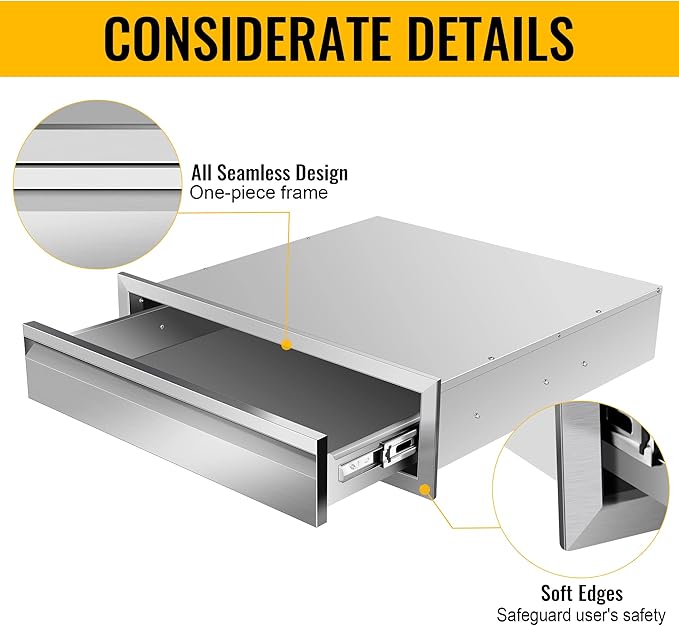 Outdoor Kitchen Drawers Stainless Steel 24W X 6.5H X 23D Inch, Flush Mount Single BBQ Island Drawers with Hidden Handle for Outdoor Kitchens, Patio or Grill Station