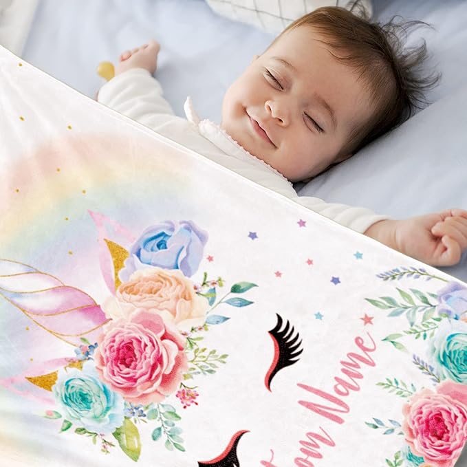 Personalized Unicorn Blanket with Name for Girl, Custom Name Blanket for Teen, Soft Flannel Pink Unicorn Toddler Blanket Customized Gift for Birthday 50''x60''