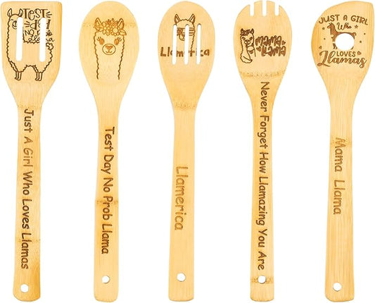 5PCS Llama Wooden Cooking Spoons Llama Gifts Llama Decor Llama Gifts for Women Llama Kitchen Decor Gifts for Llama Lovers llamas Stuff Housewarming Wedding Cooking Bamboo Cooking Spoons