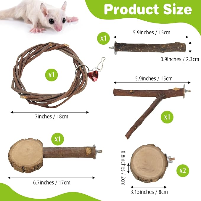 BNOSDM 6 Packs Wooden Sugar Glider Cage Accessories Rat Climbing Toys with Swing, Perch Stands & Platforms, Small Animal Habitat Decor for Chinchilla, Squirrel, Gerbil, Hamster