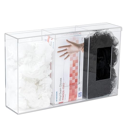 Triple Hygiene Holder - 3 Compartment Acrylic Dispenser with Lid for Hairnets, Glove Boxes, Face Masks, Plastic Bags, Tissue Boxes in Home or Medical Setting - Counter or Wall Mount (Triple)