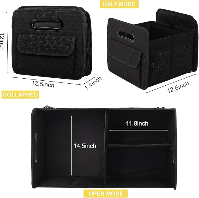 JiatuA Car Trunk Organizer for SUV, Car Storage Organizer Collapsible Multi Compartment Container Box, Adjustable Car Accessories for Women/Men, Large Black