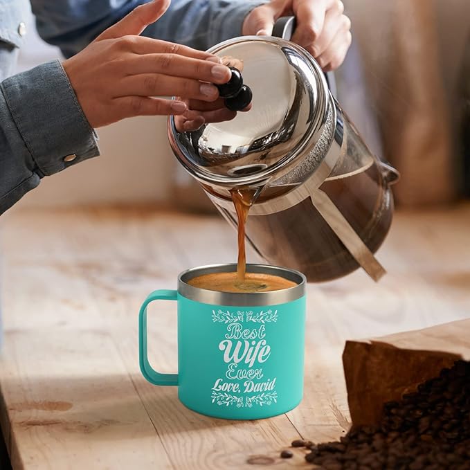 Personalized Insulated Coffee Tumbler - 14oz Engraved Stainless Steel Coffee Mug - Personalized Travel Mug with Handle and Lid - Ideal Customized Gift for Women, Men, Friends