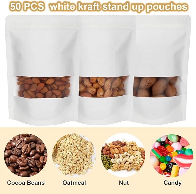 Blisstime 50 Pieces Resealable Bags for Small Business, White Kraft Paper Stand Up Pouches with Matte Window Reusable Heat Sealable Bags for Packaging (7 X 10.2 Inches)