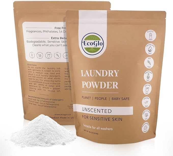 Natural Laundry Detergent Powder : Unscented Powder Laundry Detergent, Sustainable Products, Kids & Toddler Safe, 80 Loads, Biodegradable, Super Washing Soda Formula, USA Made