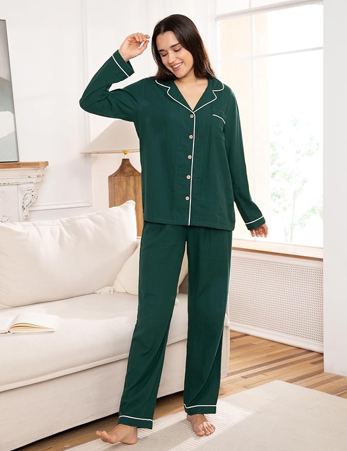 Womens Pajama Sets 100% Double Gauze Cotton Linen Like Muslin Pajamas Long Sleeve Button Down Sleepwear Soft Pjs Lounge Set