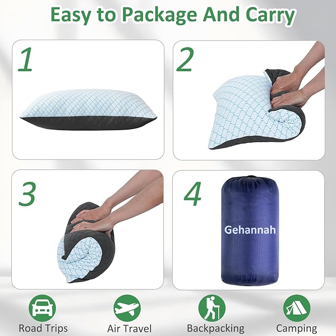 Gehannah Travel Pillow - Compressible Camping Pillow for Sleeping, Shredded Memory Foam Pillow with Storage Bag Compact Supportive (Grey, Large(2 Pack))