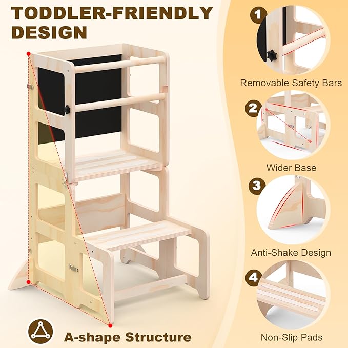 Toddler Kitchen Step Stool, 4-in-1 Foldable Standing Tower with Blackboard, Toddler Step Stool for Bathroom Sink, Kitchen Counter, Ages 18 Months+