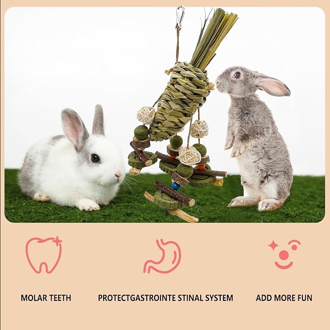 Rabbit Chew Toy, Bunny Cage Hanging Chew Toy & Treats,Natural Material Handwoven Chinchilla Treats Toys for Guinea Pigs Hamsters Rats and Other Small Pets Teeth Grinding