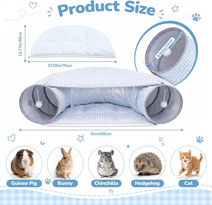 Bunny Tunnel Bed, 2-in-1 Collapsible Rabbit Guinea Pig Hideout, Blue | Removable Mat, Small Animal Tubes, Pet Rest Play Toy Indoor for Cats Kittens Rabbits Bunnies Ferret