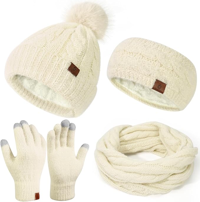 Womens Beanie Hat Infinity Scarf Touchscreen Gloves Fleece Headband 4 in 1 Winter Clothes Set Gifts for Women