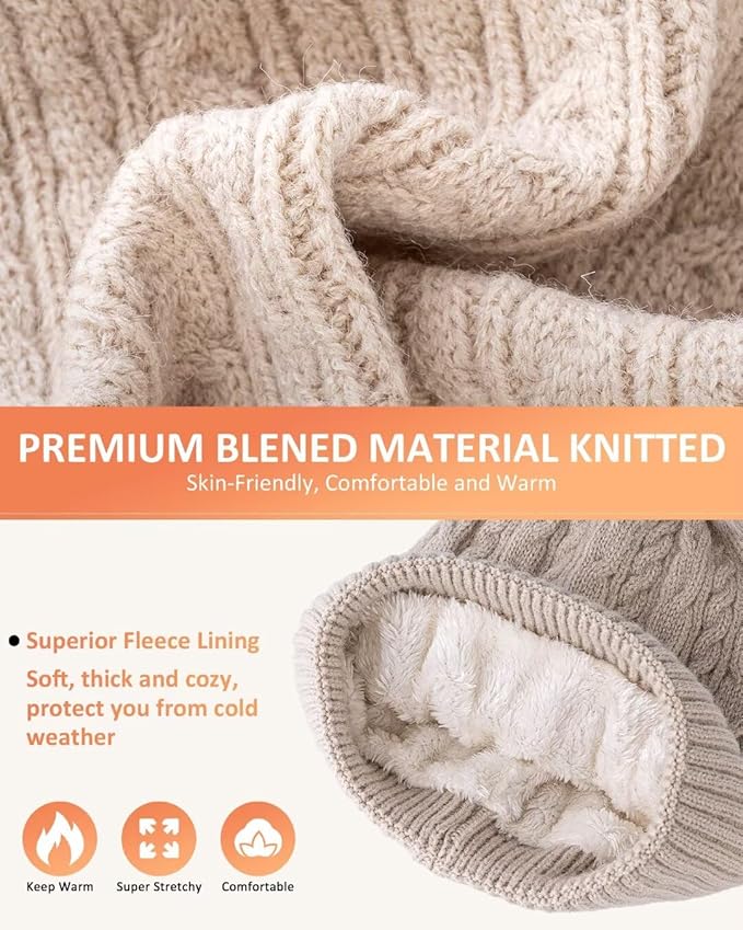 Winter Beanie Hat Scarf Gloves Set for Women, Pom Pom Beanie Fleece Lined Knit Neck Warmer Touchscreen Gloves 3 in 1 Gift Set