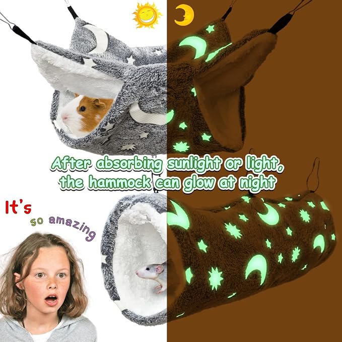 Luminous Noctilucent Glow Guinea Pig Rat Ferret Hideout and Soft Bed, Moon Bunkbed Hammock and Tunnel